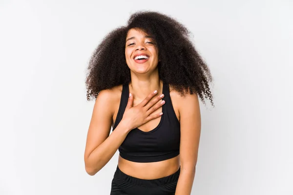Young African American Sporty Woman Laughs Out Loudly Keeping Hand — Stock Photo, Image