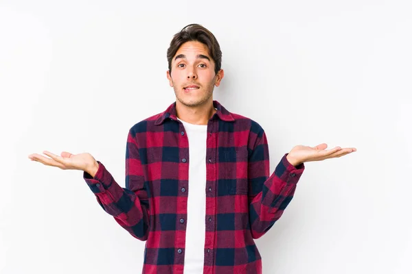 Young Caucasian Man Posing Pink Background Isolated Confused Doubtful Shrugging — Stock Photo, Image