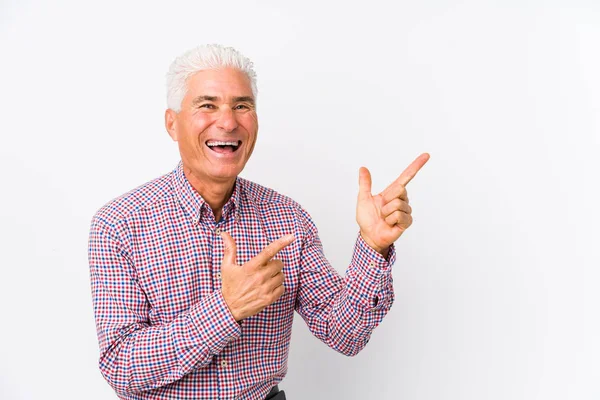 Senior Caucasian Man Isolated Pointing Forefingers Copy Space Expressing Excitement — Stock Photo, Image
