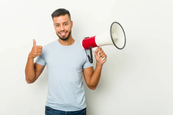 Young Mixed Race Asian Man Holding Megaphone Smiling Raising Thumb — 스톡 사진