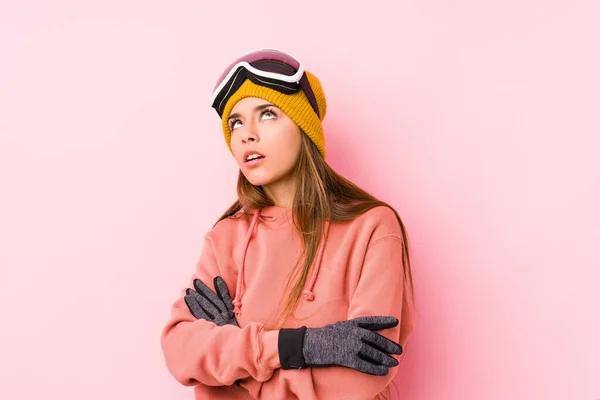 Young Caucasian Woman Wearing Ski Clothes Isolated Tired Repetitive Task — 스톡 사진