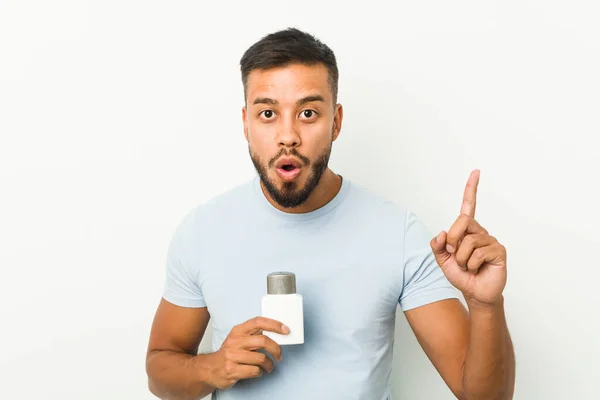 Young South Asian Man Holding Shave Cream Having Idea Inspiration — Stock Photo, Image