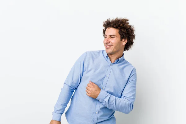 Jovem Encaracolado Maduro Homem Vestindo Elegante Camisa Dançando Divertindo — Fotografia de Stock