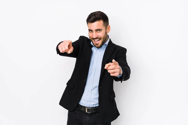 Young Caucasian Business Man White Background Isolated Cheerful Smiles Pointing — Stock Photo, Image
