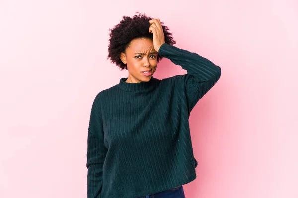 Middle Aged African American Woman Pink Background Isolated Being Shocked — 스톡 사진