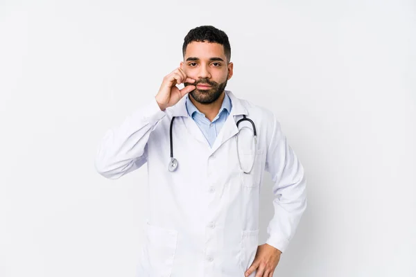 Young Arabian Doctor Man Isolated Fingers Lips Keeping Secret — Stock Photo, Image