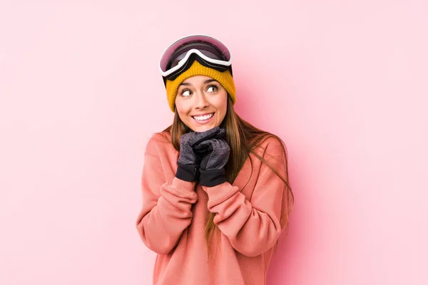 Young Caucasian Woman Wearing Ski Clothes Isolated Keeps Hands Chin — 스톡 사진