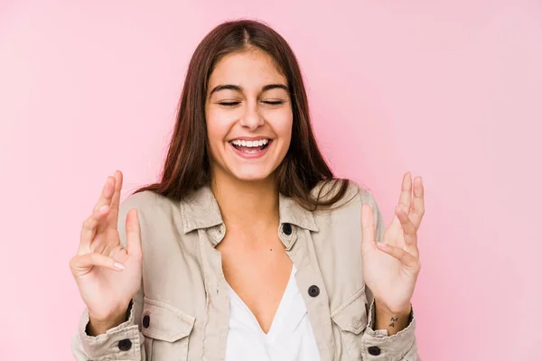 Young Caucasian Woman Posing Pink Background Joyful Laughing Lot Happiness — Stock Photo, Image