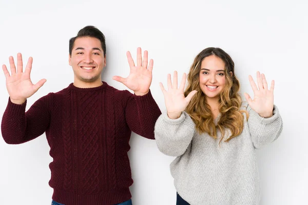 Young Couple Posing White Background Showing Number Ten Hands — 스톡 사진