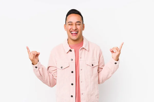Young Latin Man Posing Isolated Showing Rock Gesture Fingers — 스톡 사진
