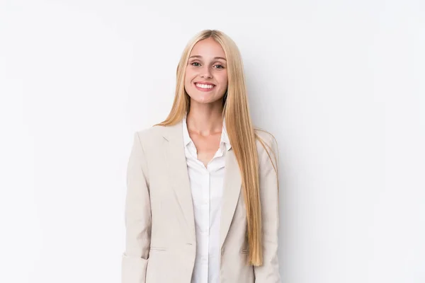 Young Business Blonde Woman White Background Happy Smiling Cheerful — Stock Photo, Image