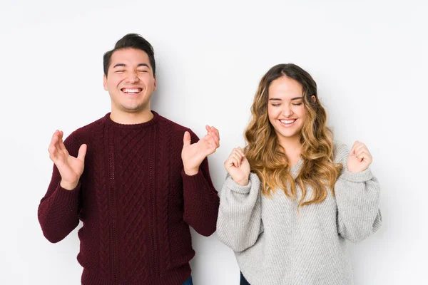 Young Couple Posing White Background Joyful Laughing Lot Happiness Concept — 스톡 사진
