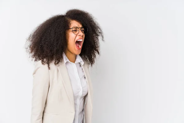 Joven Mujer Negocios Afroamericana Gritando Hacia Espacio Copia — Foto de Stock