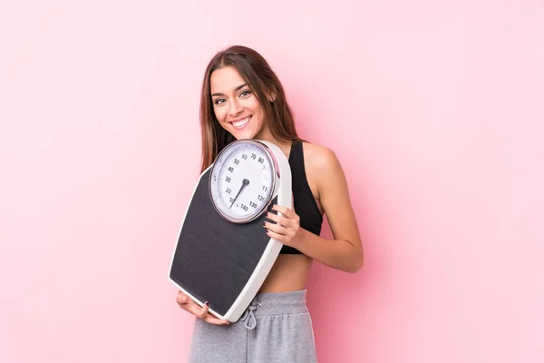 Young Caucasian Sporty Woman Holding Scale — Stock Photo, Image
