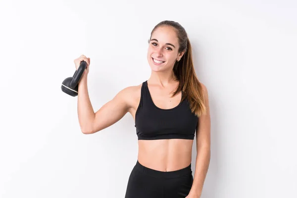 Ung Kaukasisk Sportig Kvinna Som Håller Kettlebell — Stockfoto