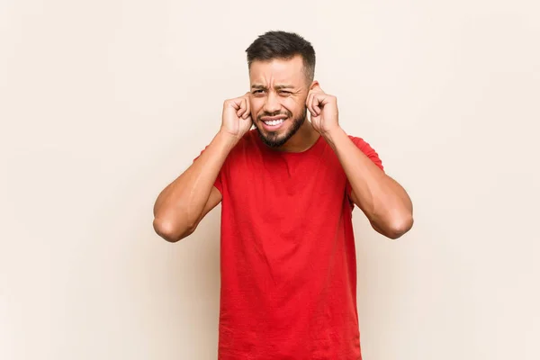 Young South Asian Man Covering Ears Hands — 스톡 사진