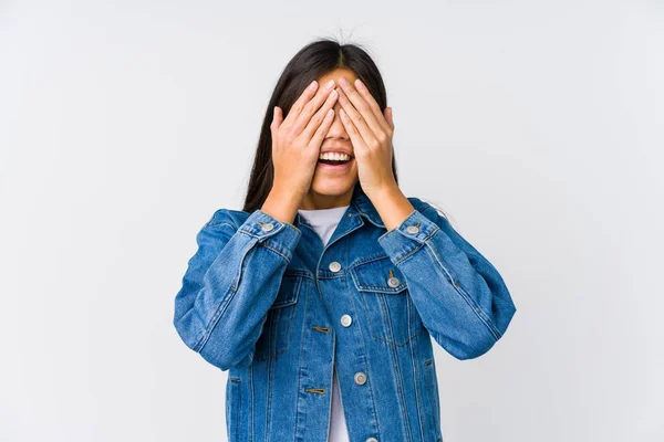 Young Asian Woman Covers Eyes Hands Smiles Broadly Waiting Surprise — Stock Photo, Image