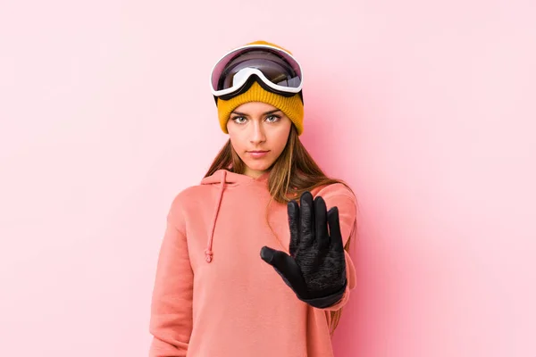 Young Caucasian Woman Wearing Ski Clothes Isolated Standing Outstretched Hand — 스톡 사진