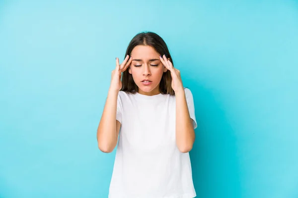 Young Caucasian Woman Isolated Touching Temples Having Headache — Stock Photo, Image