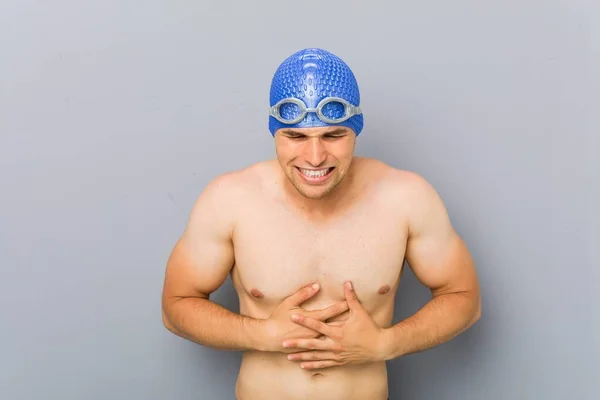 Joven Nadador Profesional Enfermo Que Sufre Dolor Estómago Concepto Enfermedad — Foto de Stock