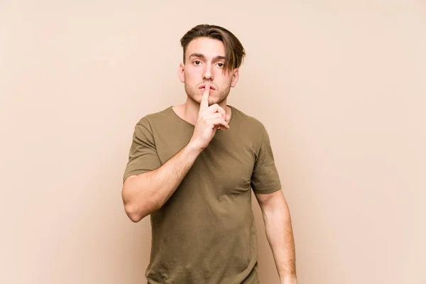 Young Caucasian Man Posing Isolated Keeping Secret Asking Silence — Stock Photo, Image