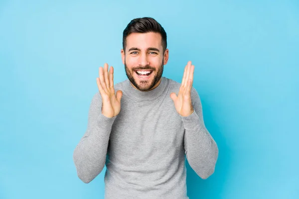 Young Caucasian Man Blue Background Isolated Joyful Laughing Lot Happiness — Stock fotografie