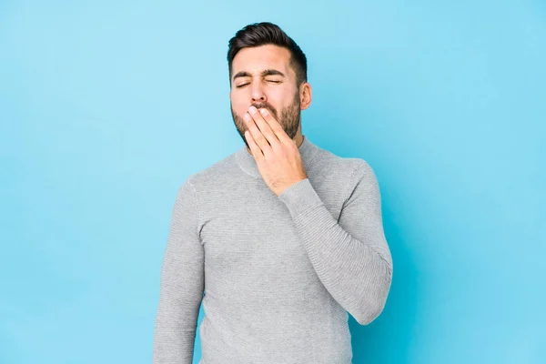 Young Caucasian Man Blue Background Isolated Yawning Showing Tired Gesture — Stock fotografie