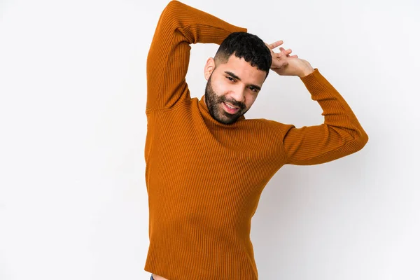 Young Latin Man White Background Isolated Stretching Arms Relaxed Position — Stock Photo, Image