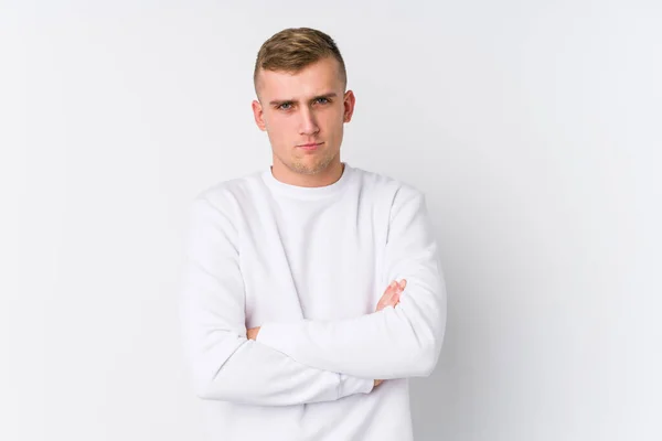 Young Caucasian Man White Background Frowning Face Displeasure Keeps Arms — 스톡 사진