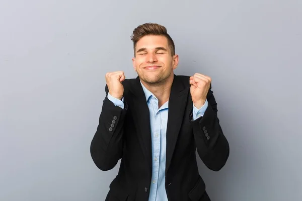 Young Handsome Caucasian Man Raising Fist Feeling Happy Successful Victory — Stock Photo, Image