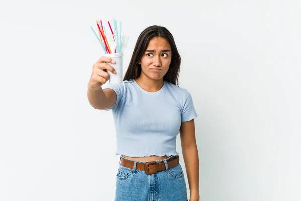 Jonge Indiaanse Vrouw Protesteert Tegen Klimaatverandering Het Misbruik Van Plastic — Stockfoto