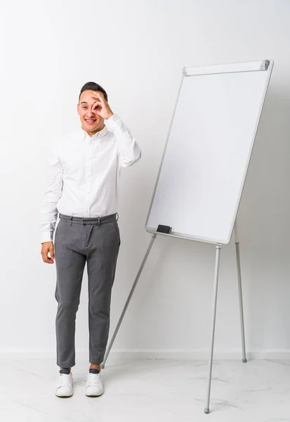 Young Latin Coaching Man Whiteboard Isolated Excited Keeping Gesture Eye — Stock Photo, Image