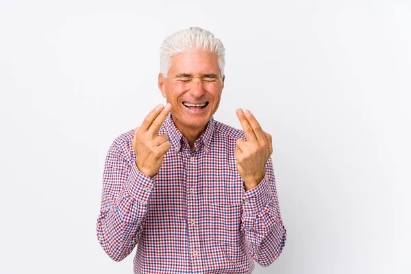 Senior Caucasian Man Isolated Crossing Fingers Having Luck — Stock Photo, Image