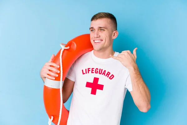 Young Lifeguard Man Holding Rescue Float Showing Mobile Phone Call — 스톡 사진