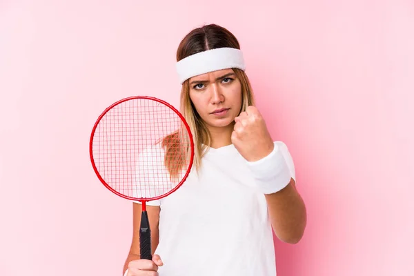 Young Woman Playing Badminton Isolated Showing Fist Camera Aggressive Facial — ストック写真