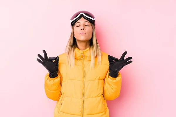 Young Caucasian Woman Wearing Ski Clothes Pink Background Relaxes Hard — 스톡 사진