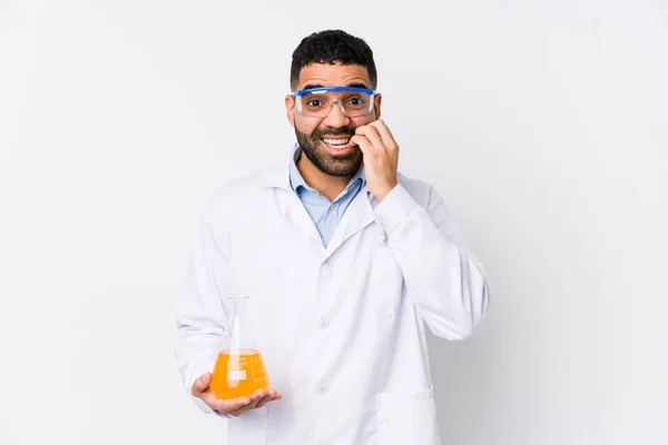 Young Arabian Chemical Man Isolated Biting Fingernails Nervous Very Anxious — Stock Photo, Image