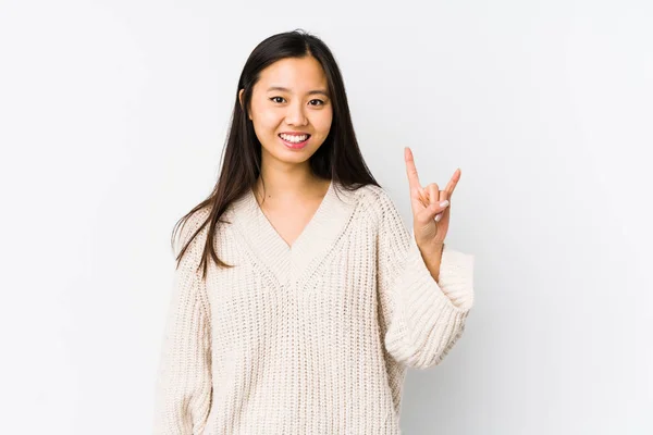 Young Chinese Woman Isolated Showing Horns Gesture Revolution Concept — 스톡 사진