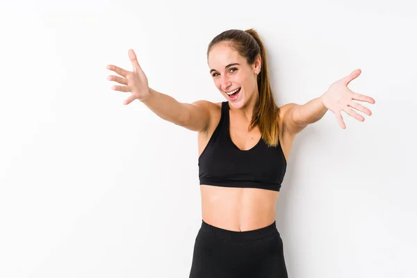 Young Caucasian Fitness Woman Posing White Background Feels Confident Giving — 스톡 사진