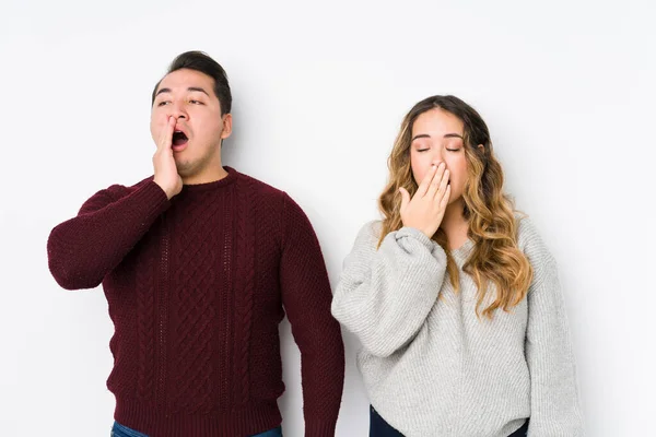 Young Couple Posing White Background Yawning Showing Tired Gesture Covering — 스톡 사진