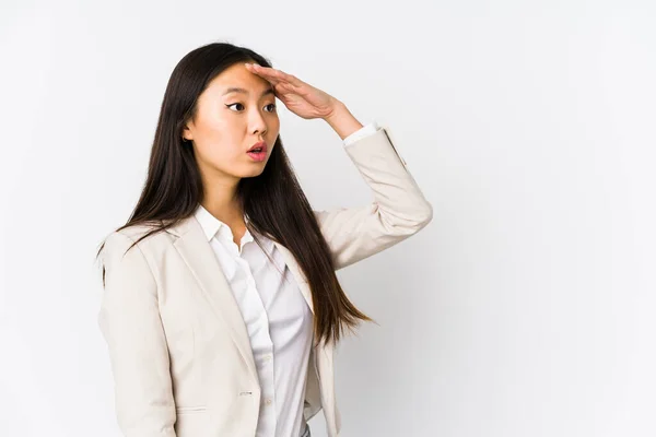 Junge Geschäftsfrau Chinesische Frau Isoliert Blick Weit Weg Halten Hand — Stockfoto
