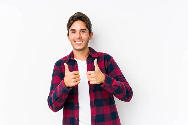 Young Caucasian Man Posing Pink Background Isolated Raising Both Thumbs — Stock Photo, Image