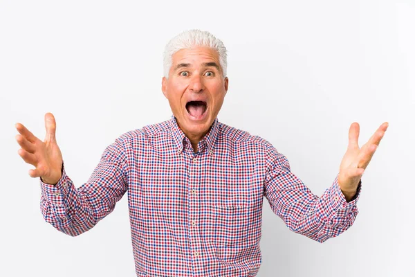 Senior Caucasian Man Isolated Receiving Pleasant Surprise Excited Raising Hands — Stock Photo, Image