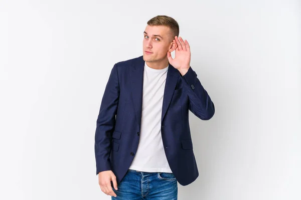 Jovem Homem Caucasiano Negócios Tentando Ouvir Uma Fofoca — Fotografia de Stock