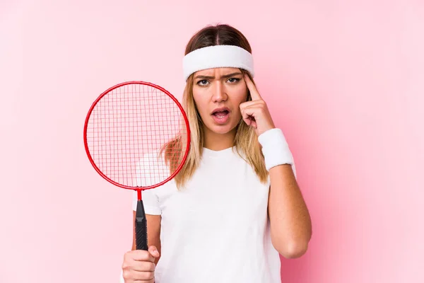 Young Woman Playing Badminton Isolated Showing Disappointment Gesture Forefinger — ストック写真