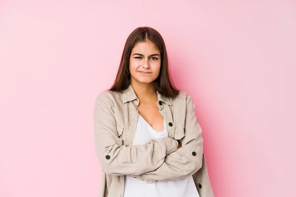 Young Caucasian Woman Posing Pink Background Frowning Face Displeasure Keeps — 스톡 사진