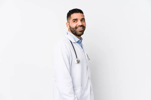 Young Arabian Doctor Man Isolated Looks Aside Smiling Cheerful Pleasant — Stock Photo, Image