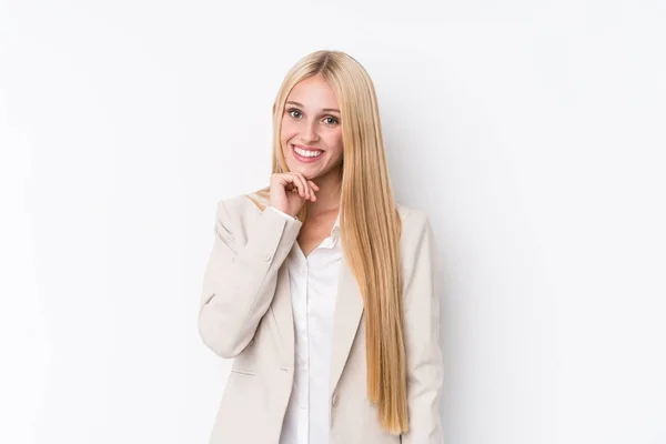Jovem Mulher Loira Negócios Fundo Branco Sorrindo Feliz Confiante Tocando — Fotografia de Stock