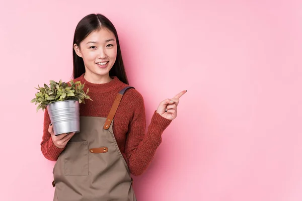 Fiatal Kínai Kertész Kezében Egy Növény Elszigetelt Mosolygós Rámutatva Félre — Stock Fotó