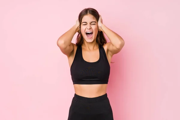 Jonge Blanke Fitness Vrouw Doet Sport Geïsoleerde Bedekking Oren Met — Stockfoto